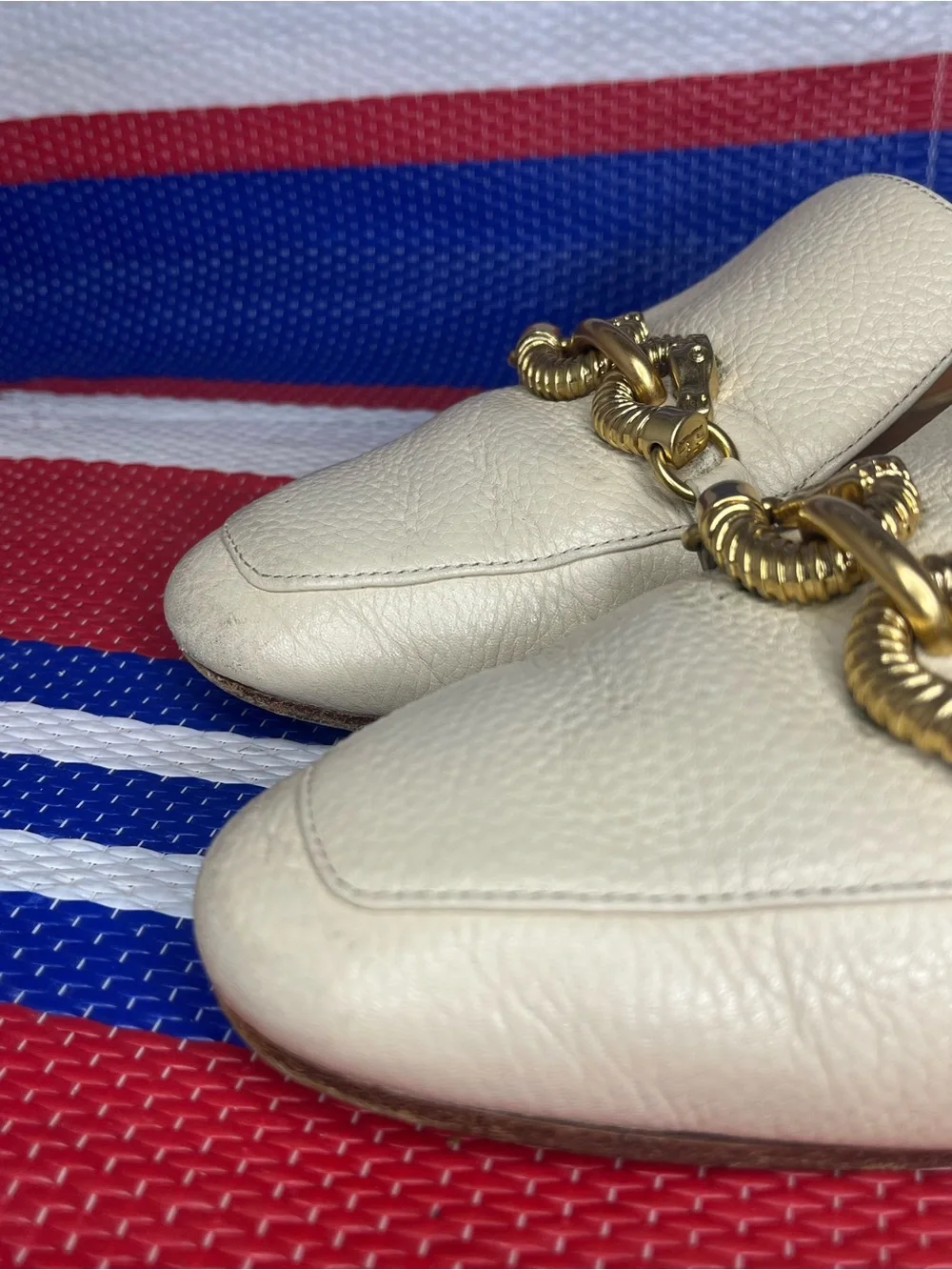 AUTHENTIC - Tory Burch Jessa Backless Loafers - Women’s Size 7 Shoes Cream Gold